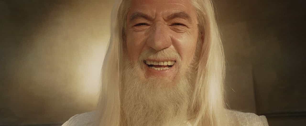 La spada di Gandalf in Game of Thrones. Il Signore degli Anelli - Il ritorno del re, 2003, Peter Jackson, Ian McKellen, Gandalf, risata