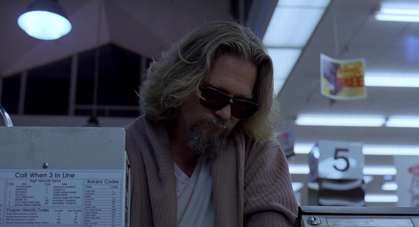  Il grande Lebowski frasi, citazioni e dialoghi di Joel Coen con Jeff Bridges, John Goodman, Julianne Moore, Steve Buscemi, alla cassa del supermercato