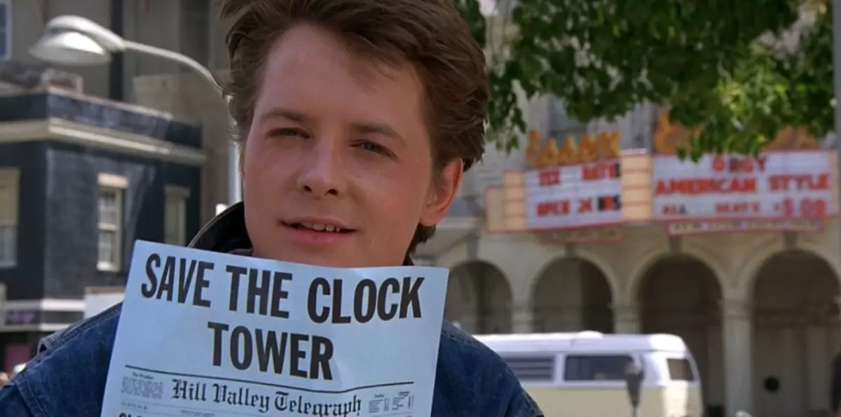 Ritorno al futuro, 1985, Robert Zemeckis, Michael J. Fox, Marty McFly, save the clock tower