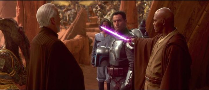Star Wars Episodio II - L'attacco dei cloni citazioni e dialoghi di George Lucas, con Samuel L. Jackson, Mace Windu, spada laser viola