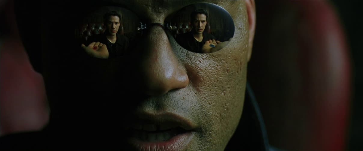 Matrix, 1999, Wachowski, Keanu Reeves, Neo, Laurence Fishburne, Morpheus, pillola rossa, blu