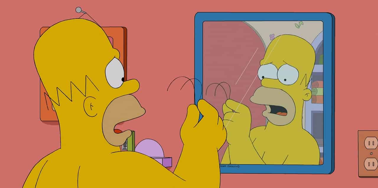 Fissare la vostra immagine riflessa in uno specchio. I Simpson, Homer Simpson, capelli, specchio